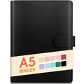 Black A5 6-ring binder cover with stitched buckle strap