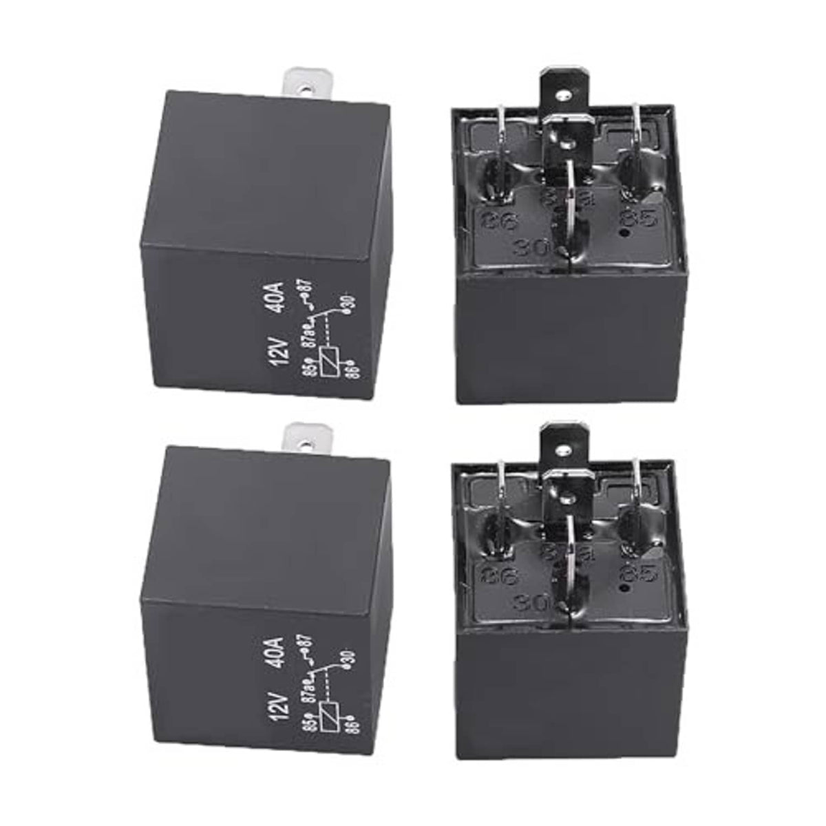 Set of 12V car relays, matte black cube housings with exposed contact pins