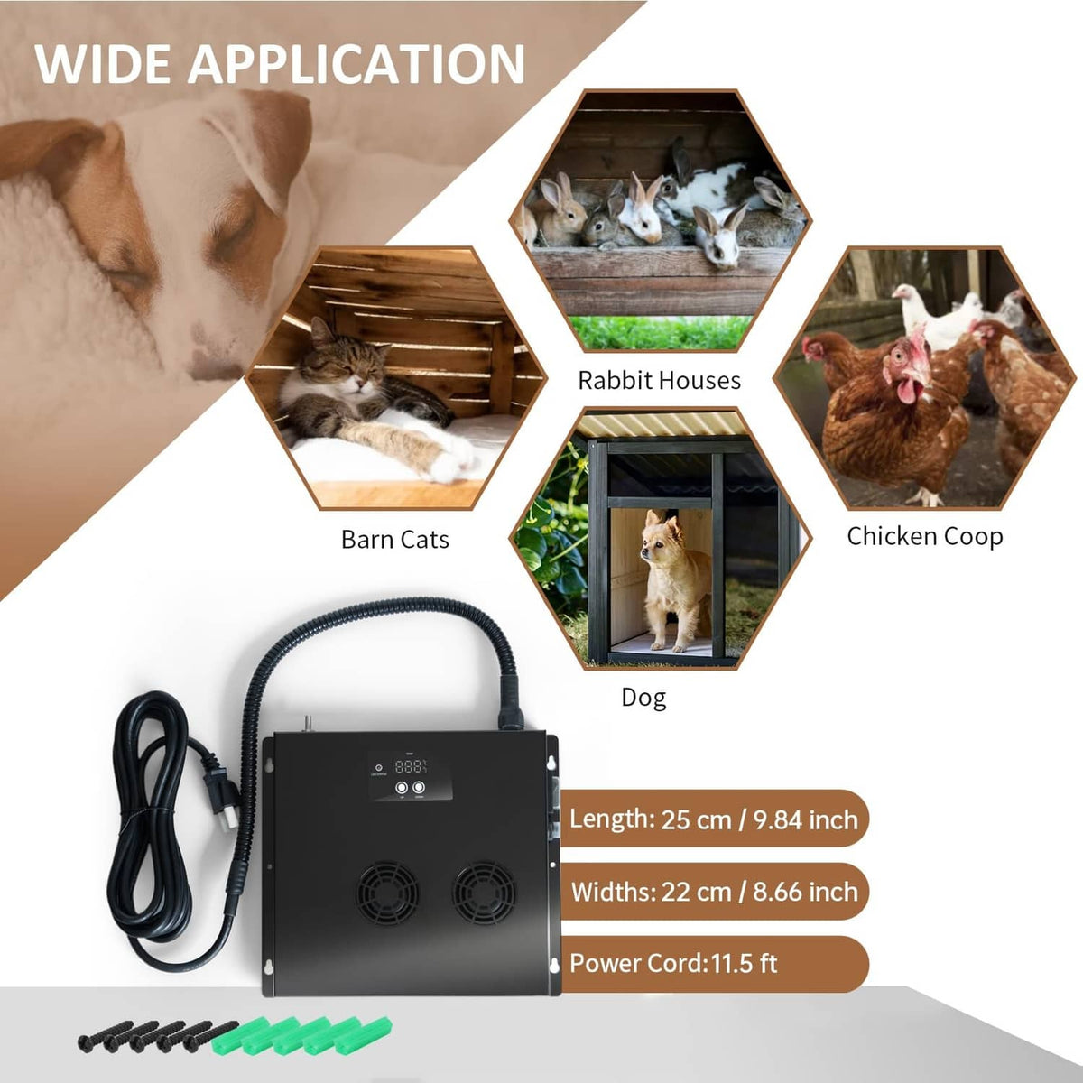Black dog house heater kit with power cord and included accessories