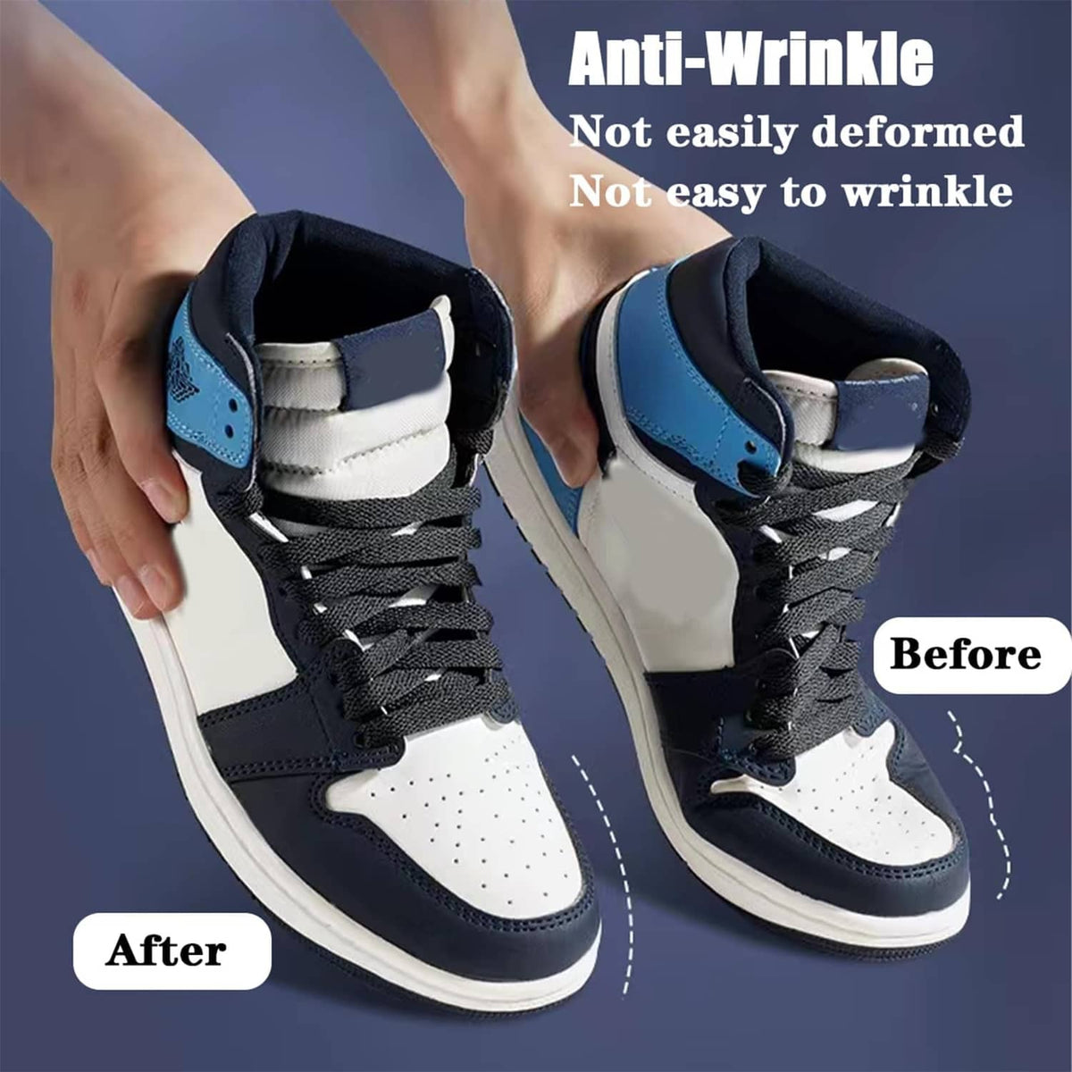 White toe crease protector inserts inside dark sneakers for wrinkle prevention