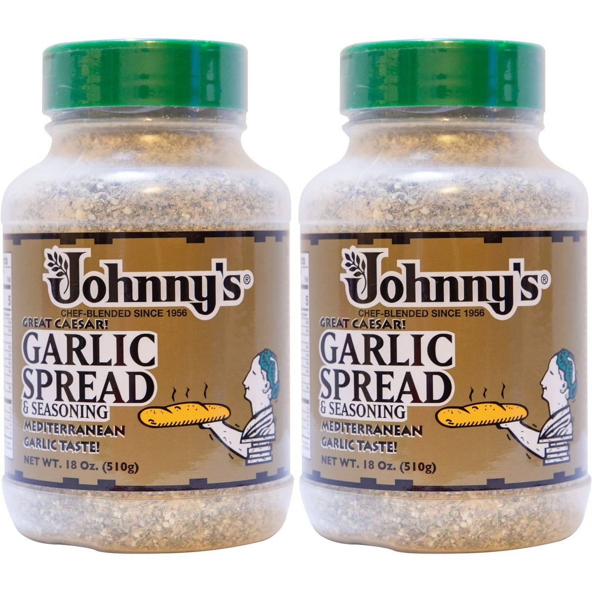 Pair of garlic spread seasoning bottles with green caps and tan speckled contents
