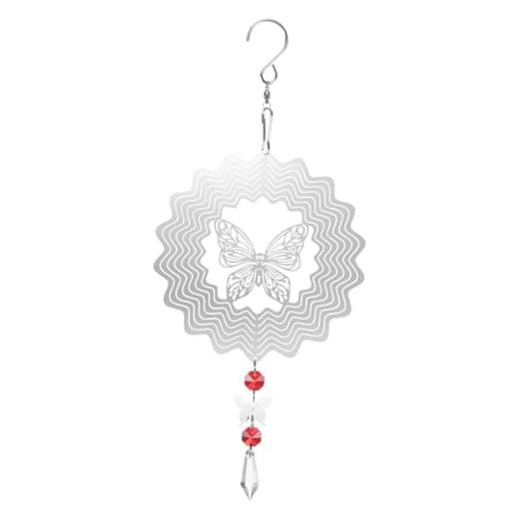Hanging wind spinner with silver mirror-like butterfly medallion and red bead drops