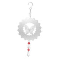 Hanging wind spinner with silver mirror-like butterfly medallion and red bead drops
