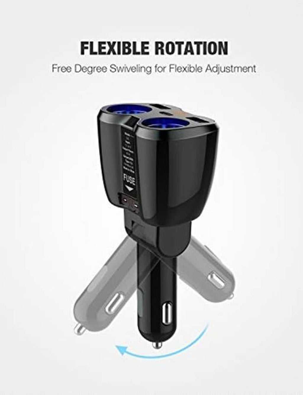 Rotating dual USB car charger splitter with blue ports and integrated fuse cover