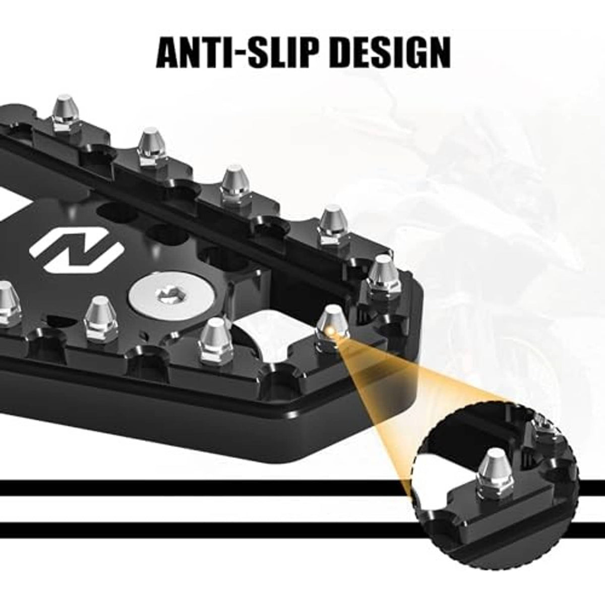 Black brake footboard with anti-slip surface and raised hex bolt heads