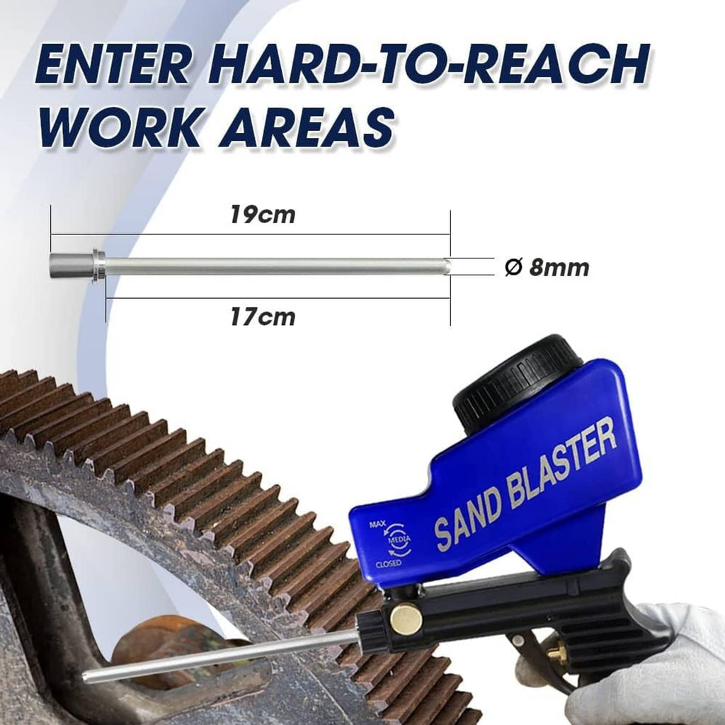 Sandblaster gun with long extension nozzle wand attached