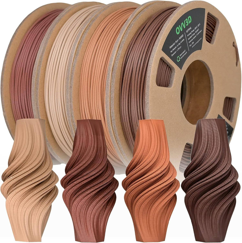 Wood PLA filament spool bundle with multi-tone wood colors and 4 sample strands