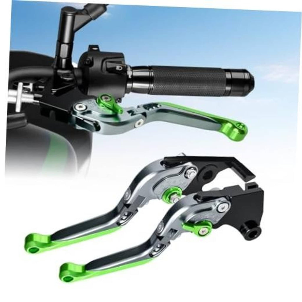 Motorcycle clutch and brake lever set with black hardware and green anodized levers