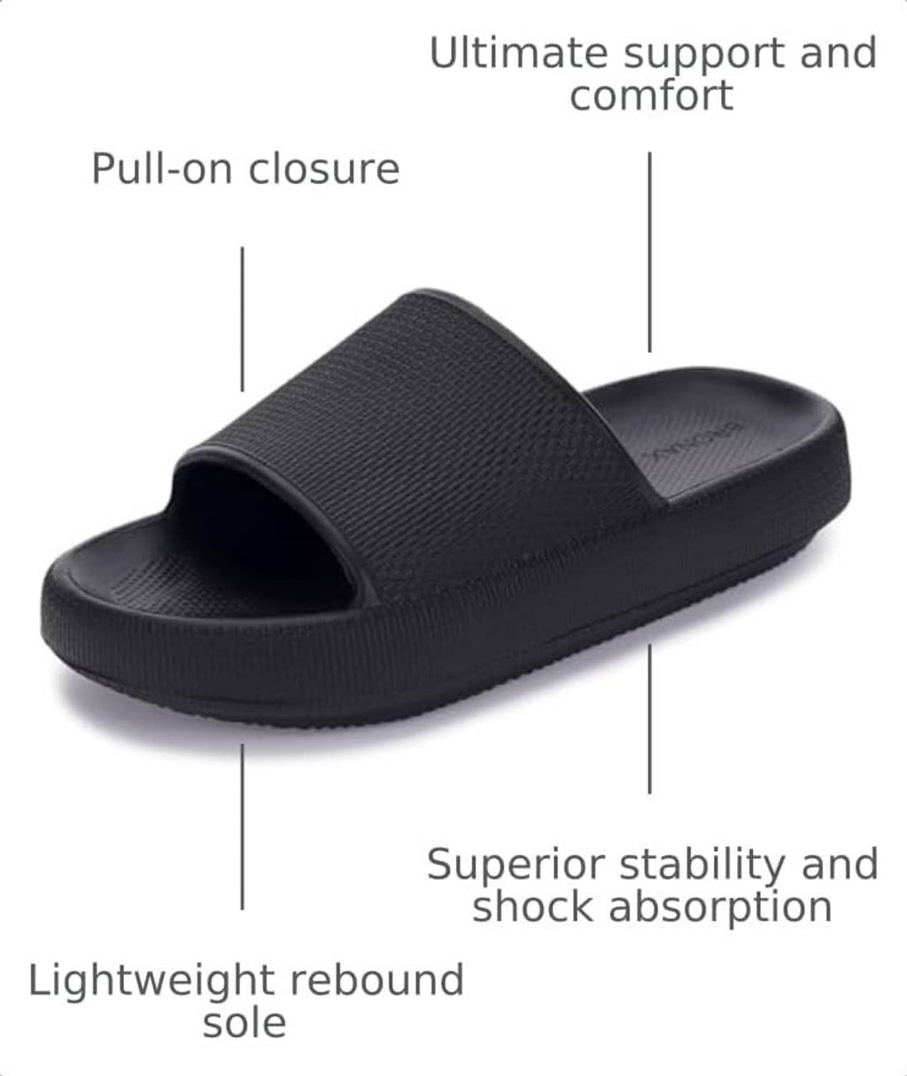Black slip-on slide slippers with thick sole and wide padded strap.