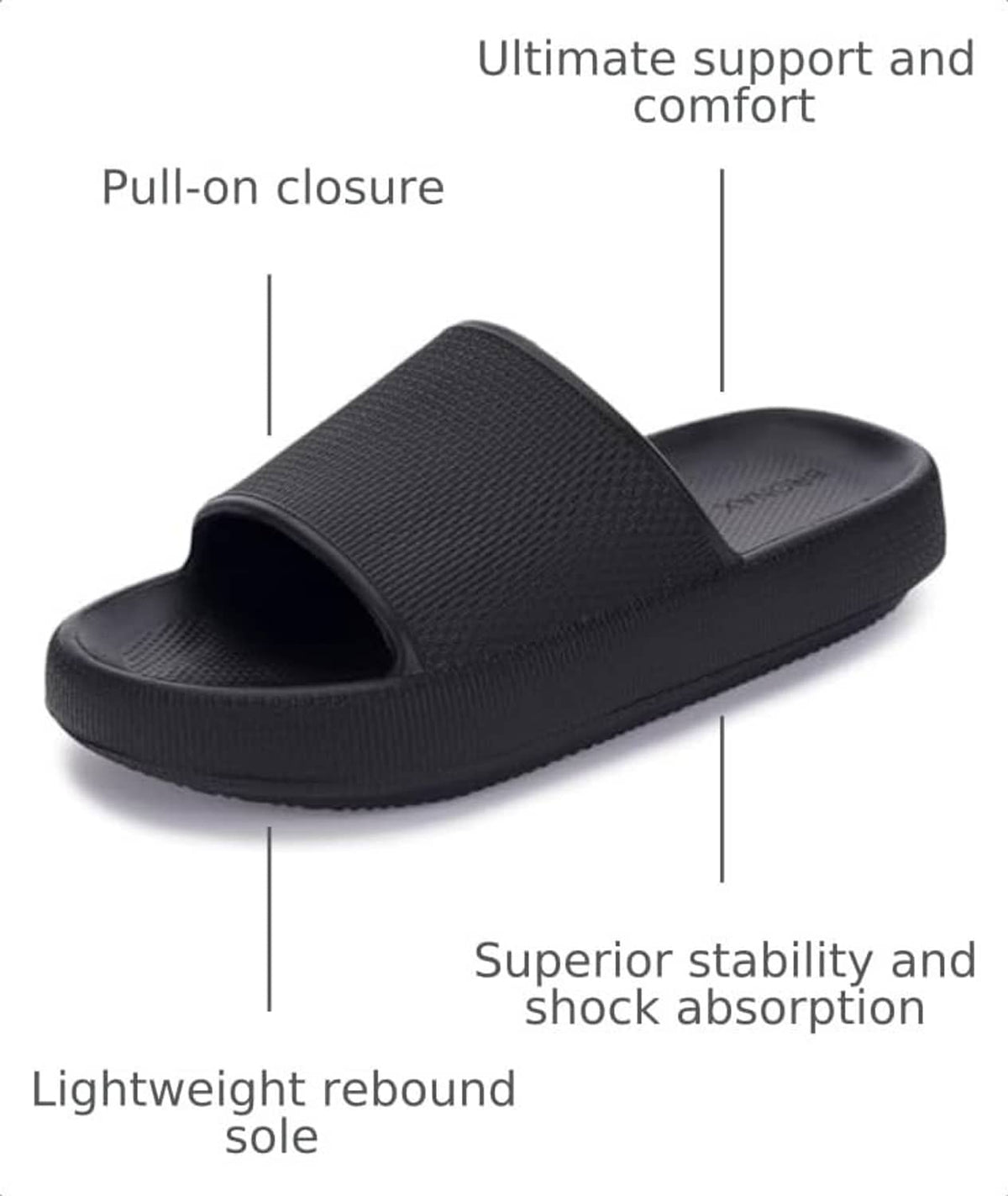 Black slip-on slide slippers with thick sole and wide padded strap.