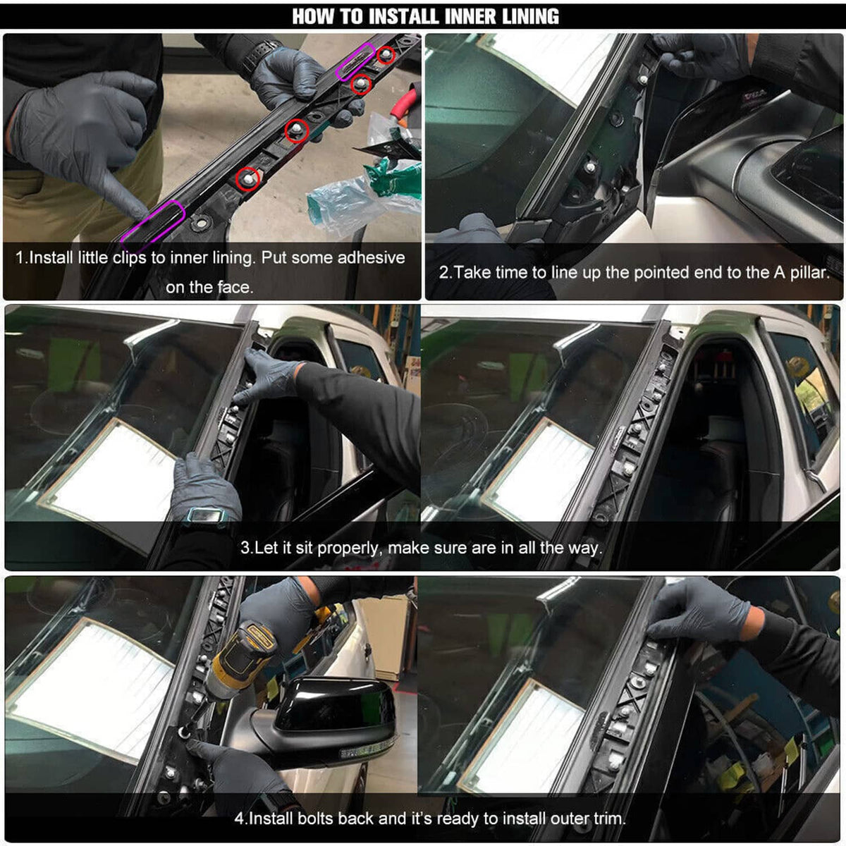 Windshield pillar trim installation set, black panel with mounting clips and bolts