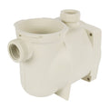 Pool pump housing with threaded inlet/outlet ports, cream-white plastic body