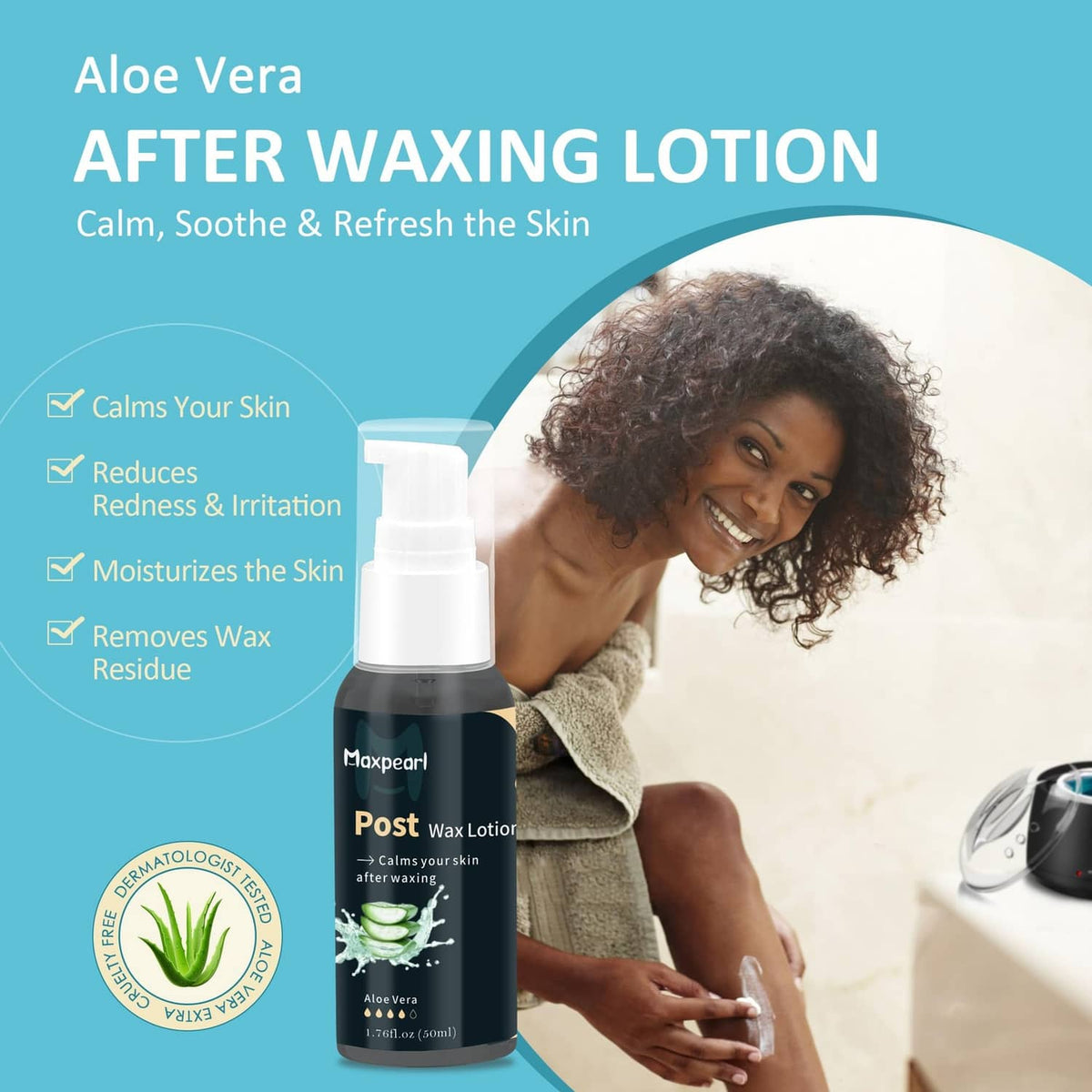 After waxing lotion bottle with pump, applied to skin after hair removal