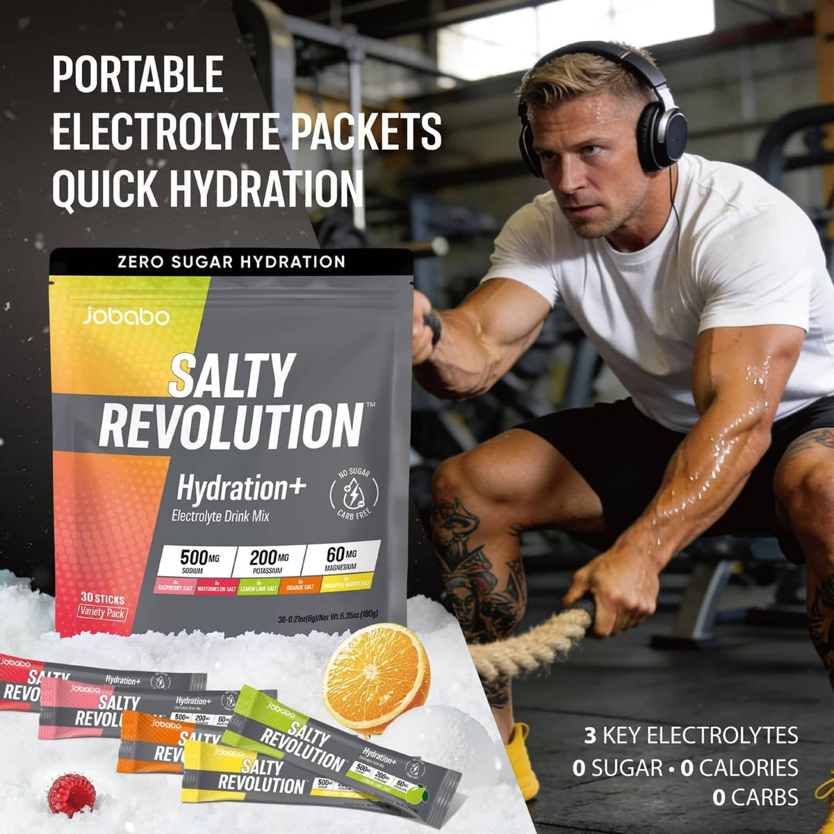 Electrolyte powder pouch with assorted stick packets for portable hydration