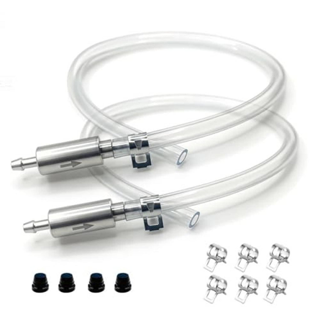 Brake bleeder hose kit with two clear hoses, silver one-way valves, blue clamps, and fittings