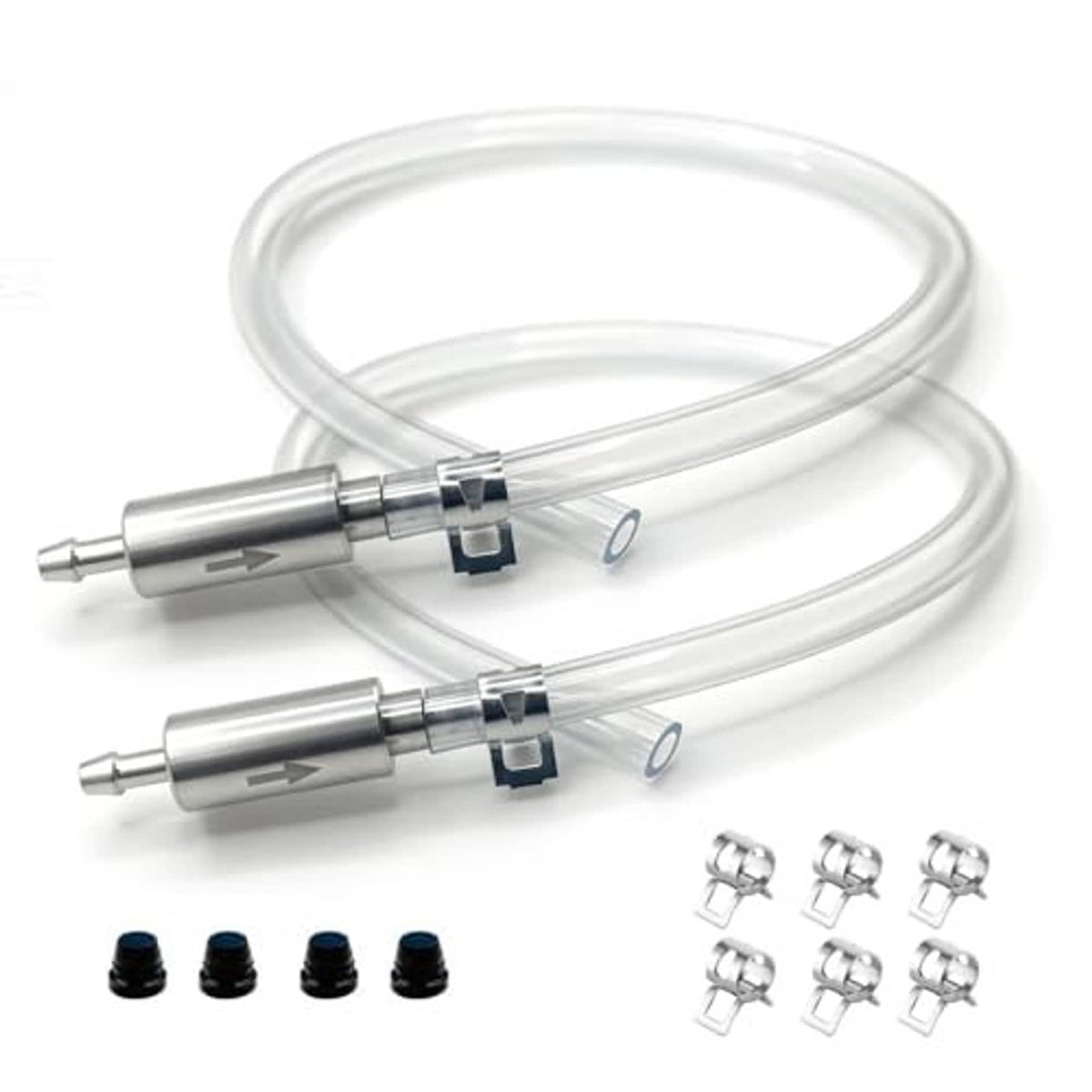 Brake bleeder hose kit with two clear hoses, silver one-way valves, blue clamps, and fittings