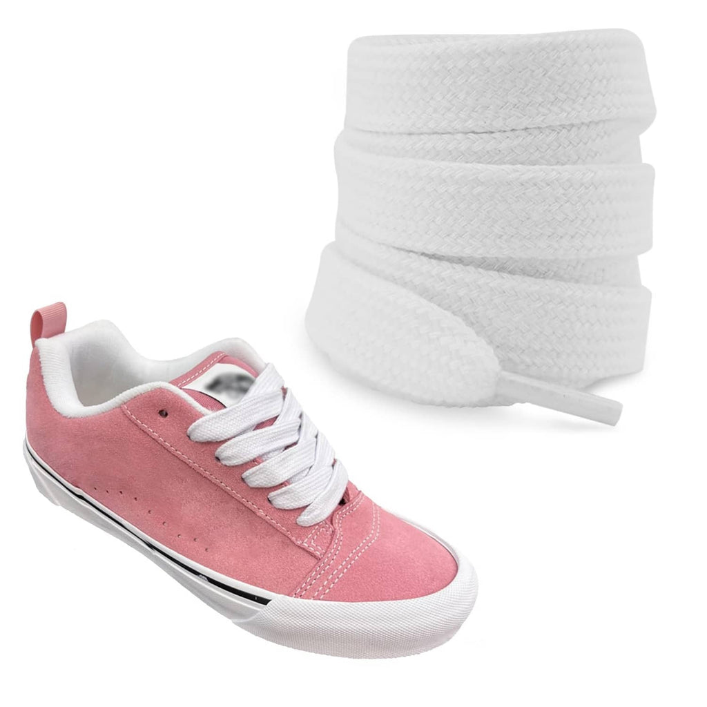 White flat cotton shoelace set shown with a pink-and-white sneaker
