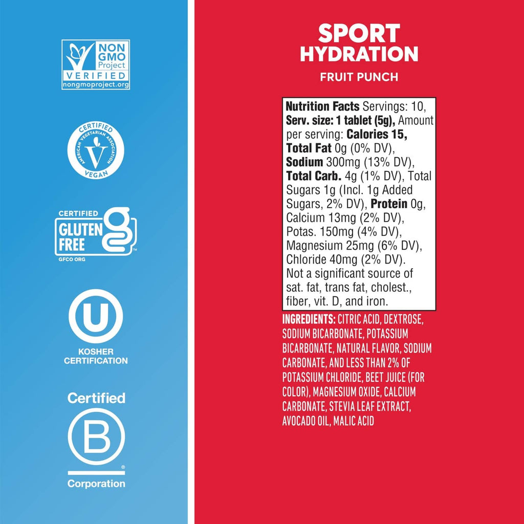 Nuun Sport fruit punch label panel with nutrition facts and vegan gluten-free icons