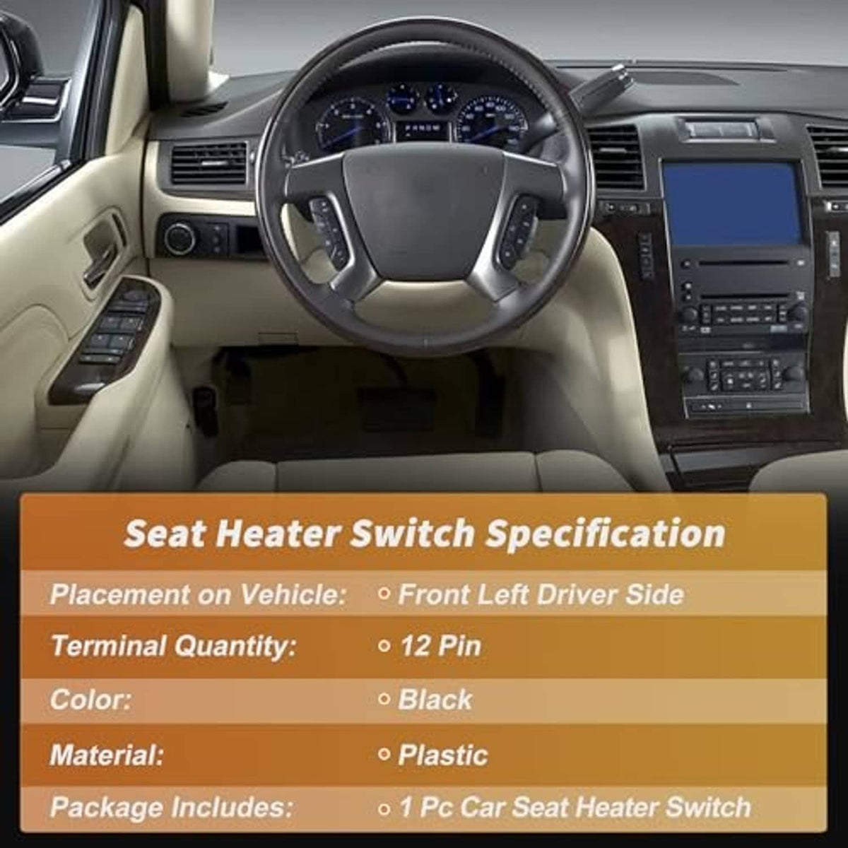 Black seat heater switch module with icon buttons and green connector for driver side
