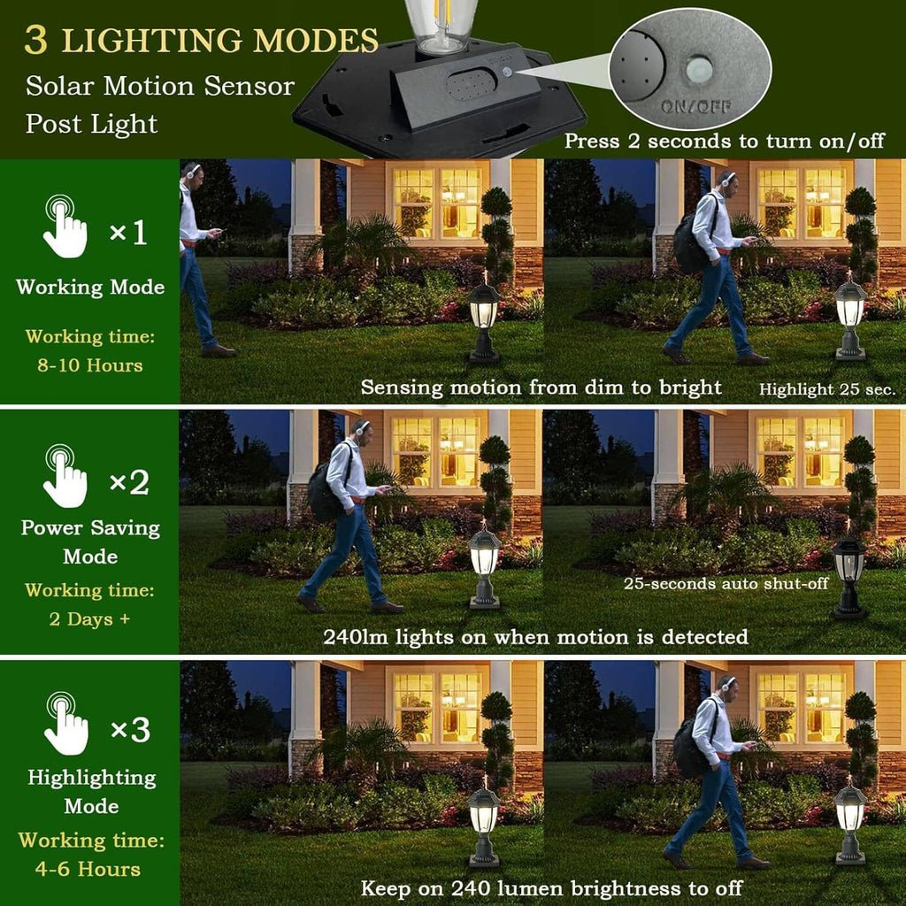 Solar post light with motion-sensor style lantern head and clear glass shade