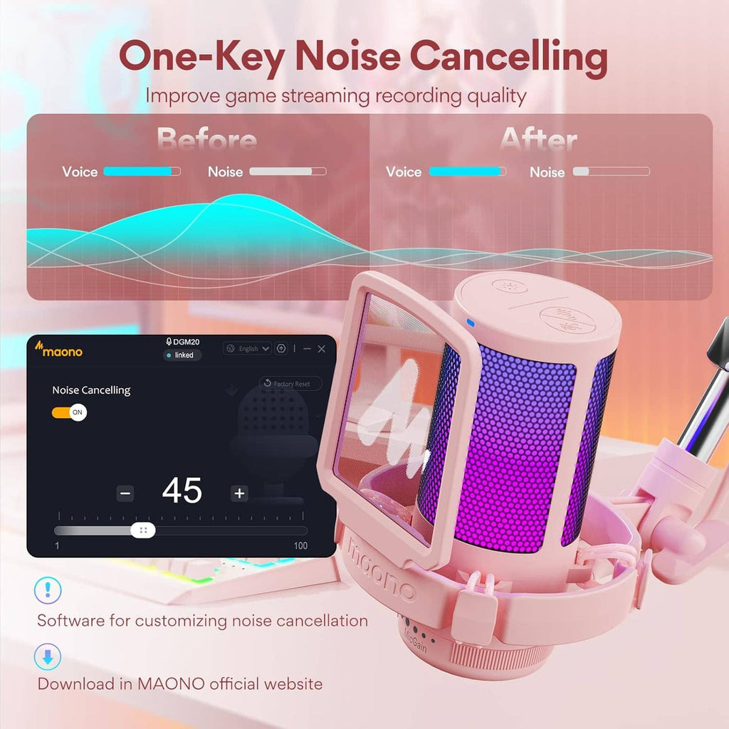 Pink streaming microphone with purple LED grille and built-in control buttons