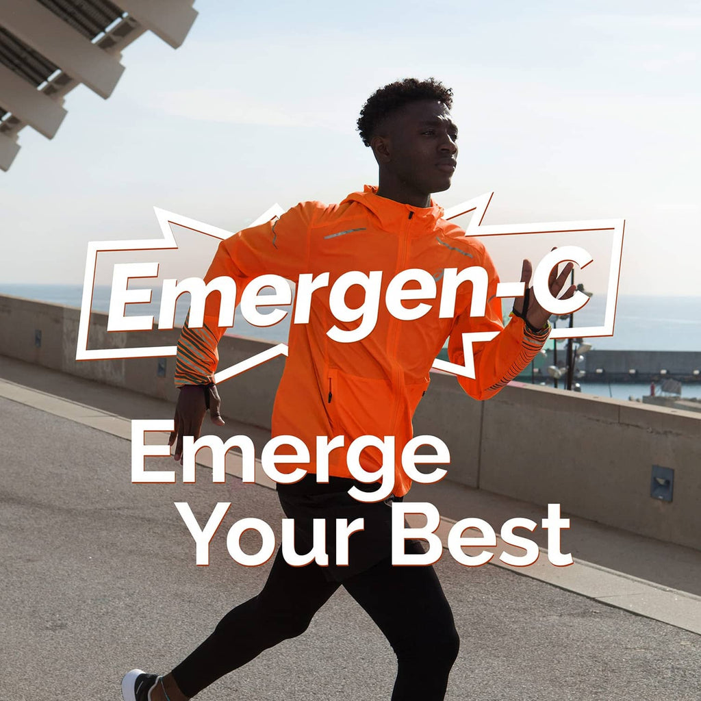 Emergen-C branded lifestyle scene with runner wearing bright orange jacket