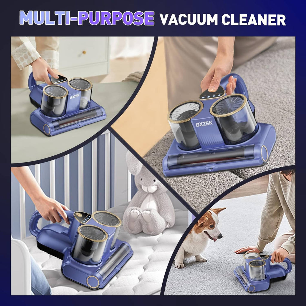 Blue multi-purpose vacuum cleaner with dual tanks for mattress, floor, and upholstery