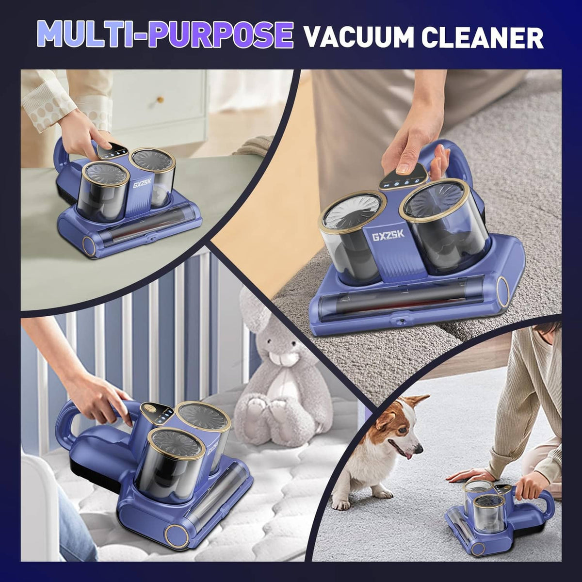 Blue multi-purpose vacuum cleaner with dual tanks for mattress, floor, and upholstery