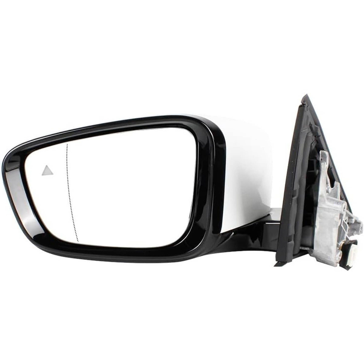 White side mirror cap with black bezel and exposed inner mounting components.