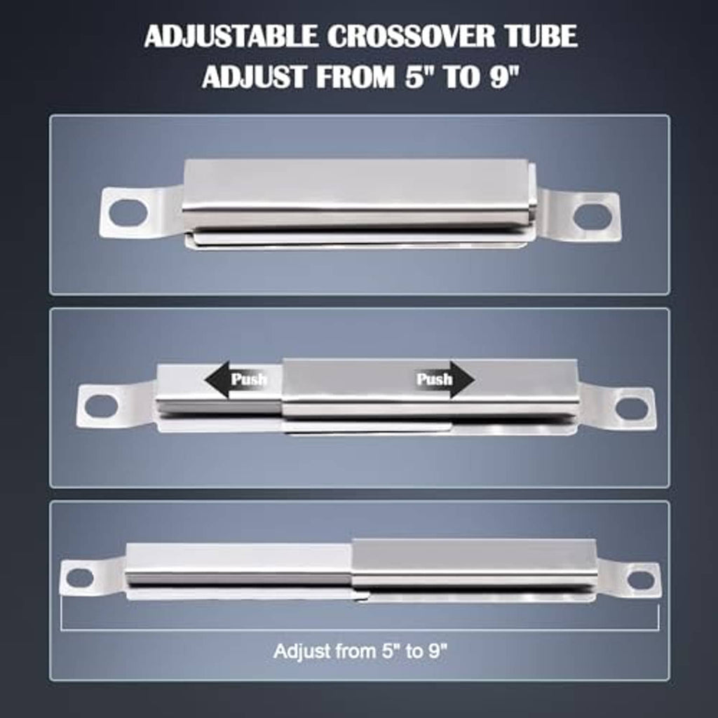 Adjustable stainless crossover tube for gas grill, sliding length 5 to 9 in
