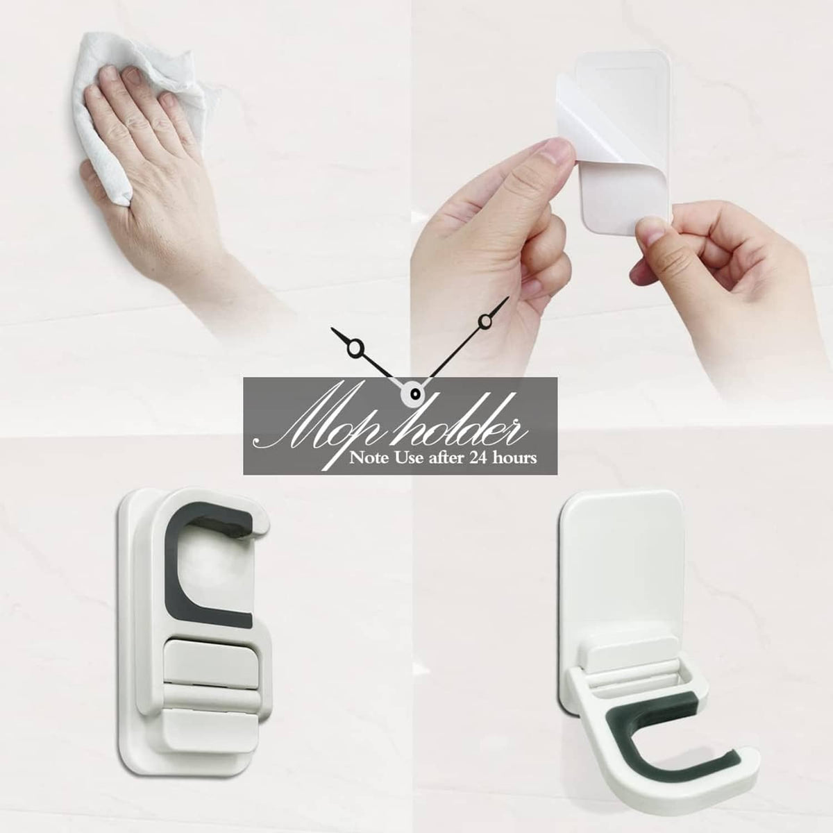 Set of three wall mount mop holder hooks, white grippers with gray U rests