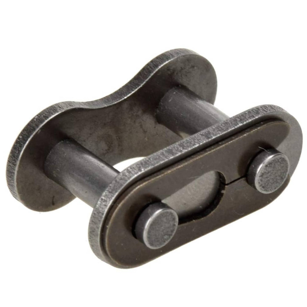 Close-up of dark metal roller chain master link connector, side view of pin assembly
