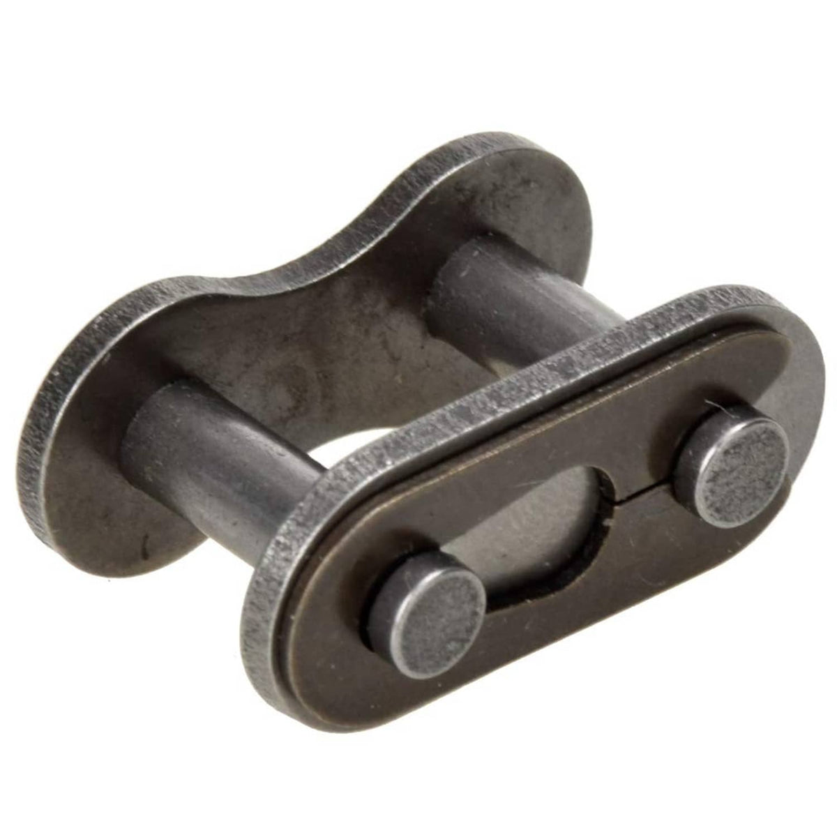 Close-up of dark metal roller chain master link connector, side view of pin assembly