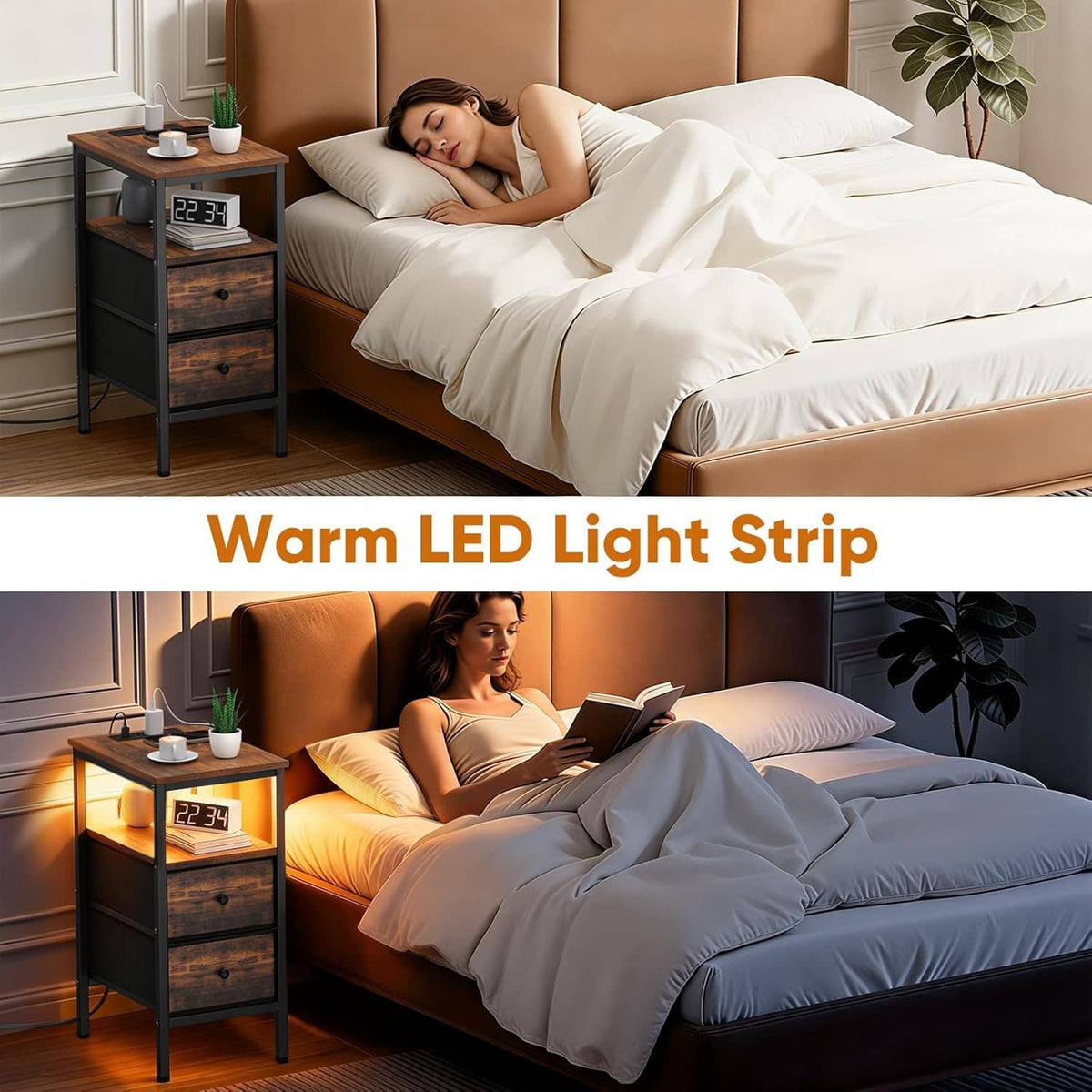 Narrow end table with warm LED light strip and nightstand storage drawers