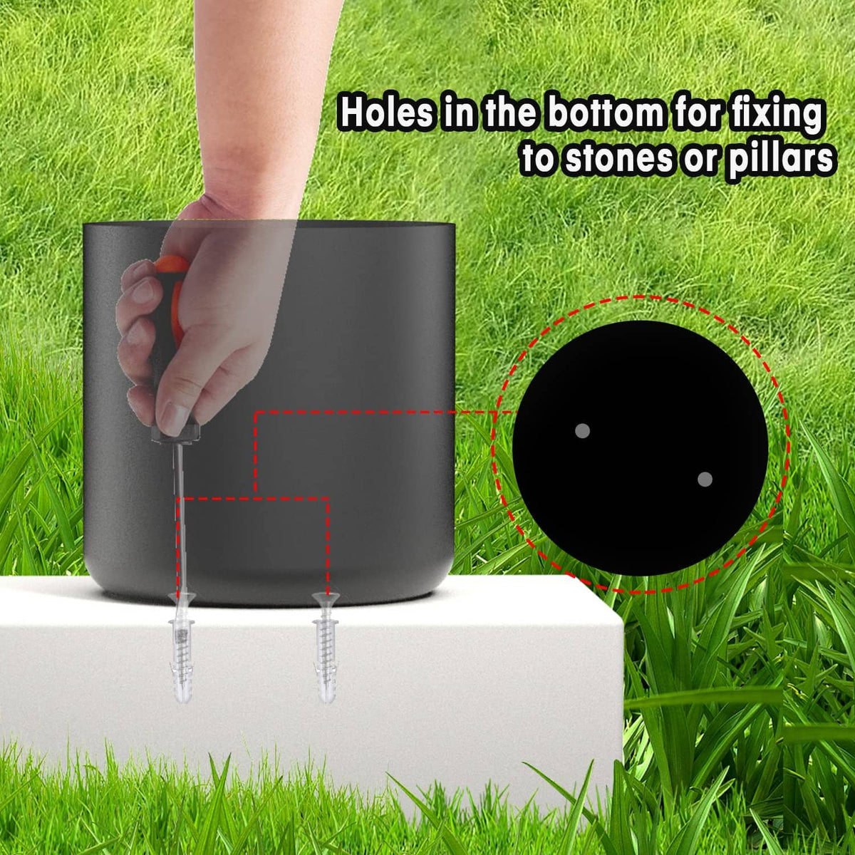 Black planter safe base with mounting holes for screwing into stones or pavers.