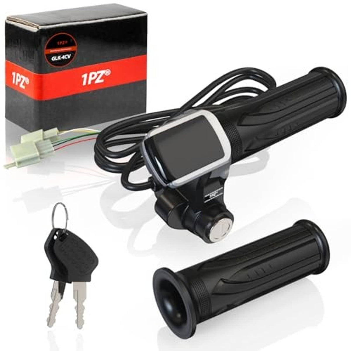 Electric bike twist throttle with LED display, black grip, and spare keys with wiring