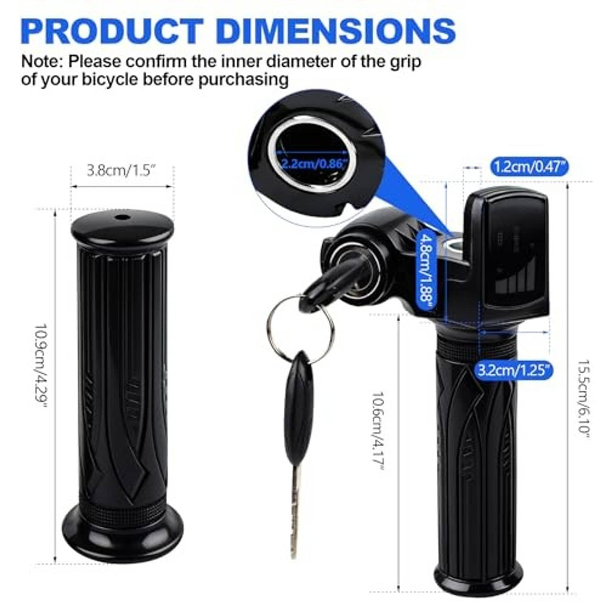 Electric bike throttle grip with LCD display, key, and size reference view