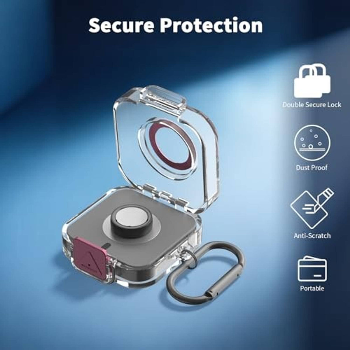 Protective charging case with gray base, pink latch, and carabiner ring for carrying