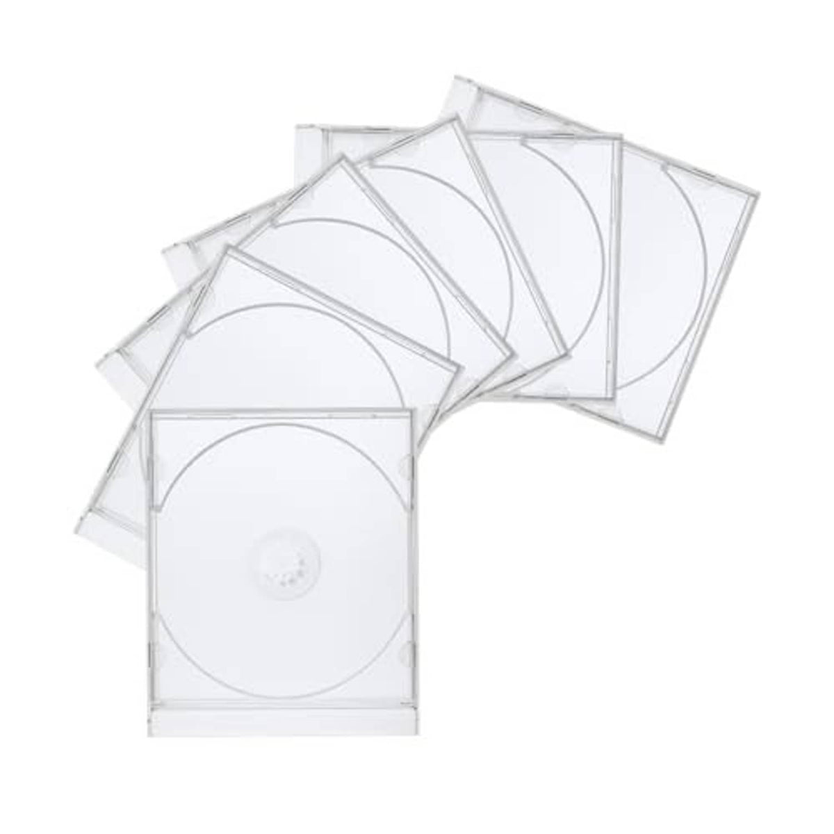 Stack of clear single-disc CD jewel cases, white plastic, disc visible
