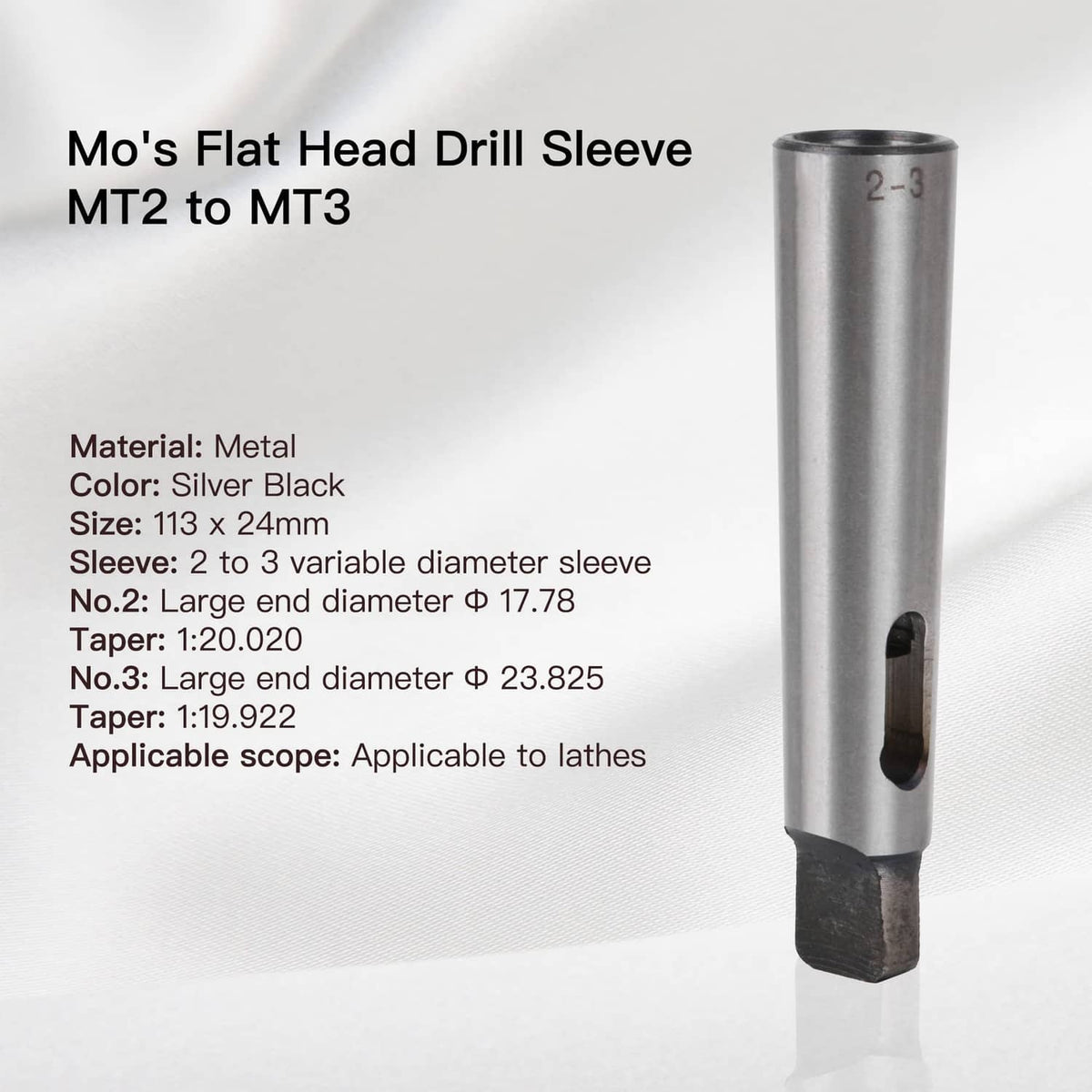 Metal Morse taper drill sleeve adapter, silver, with oval key slot on black end