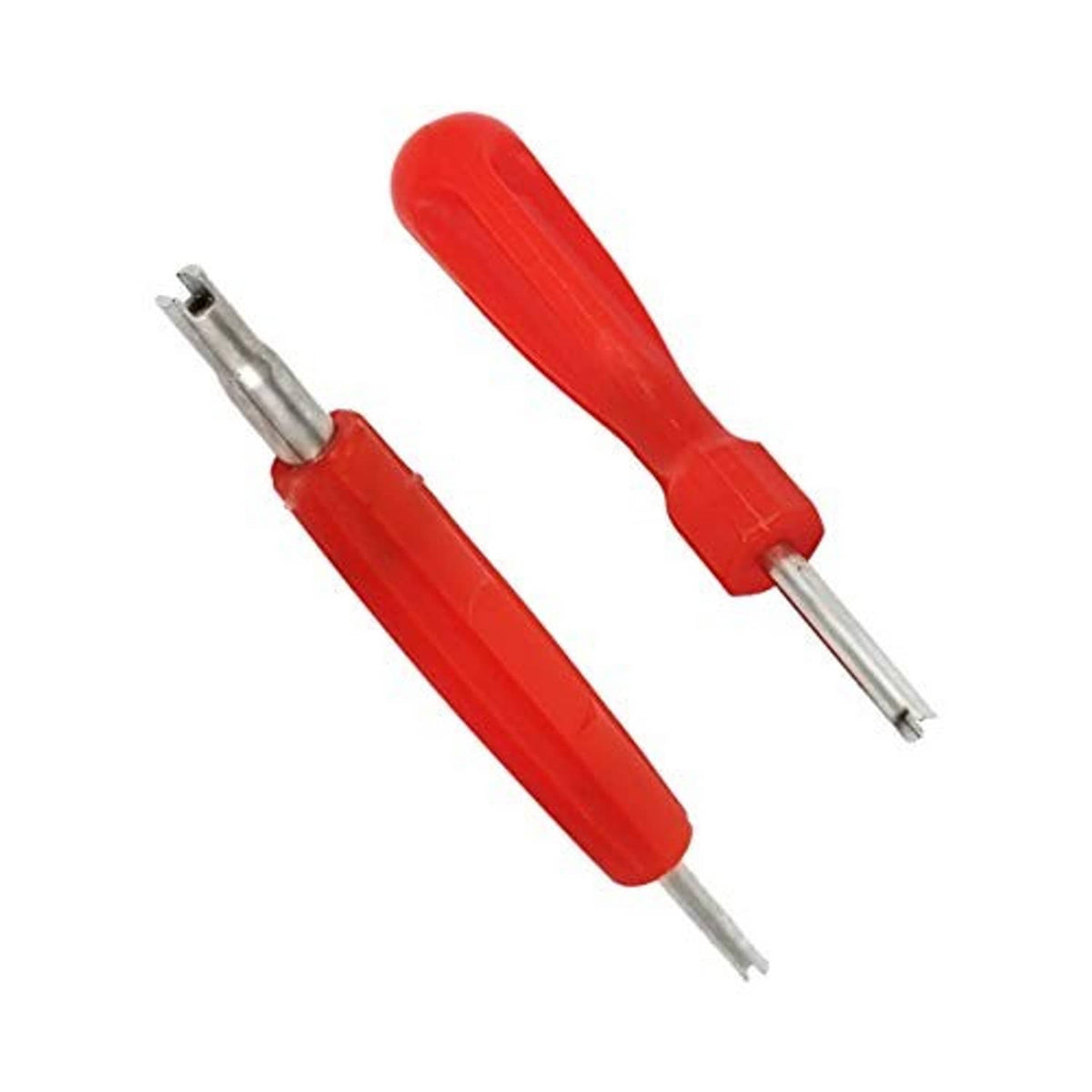 Two red-and-silver tire tool handles with metal prongs for valve core removal