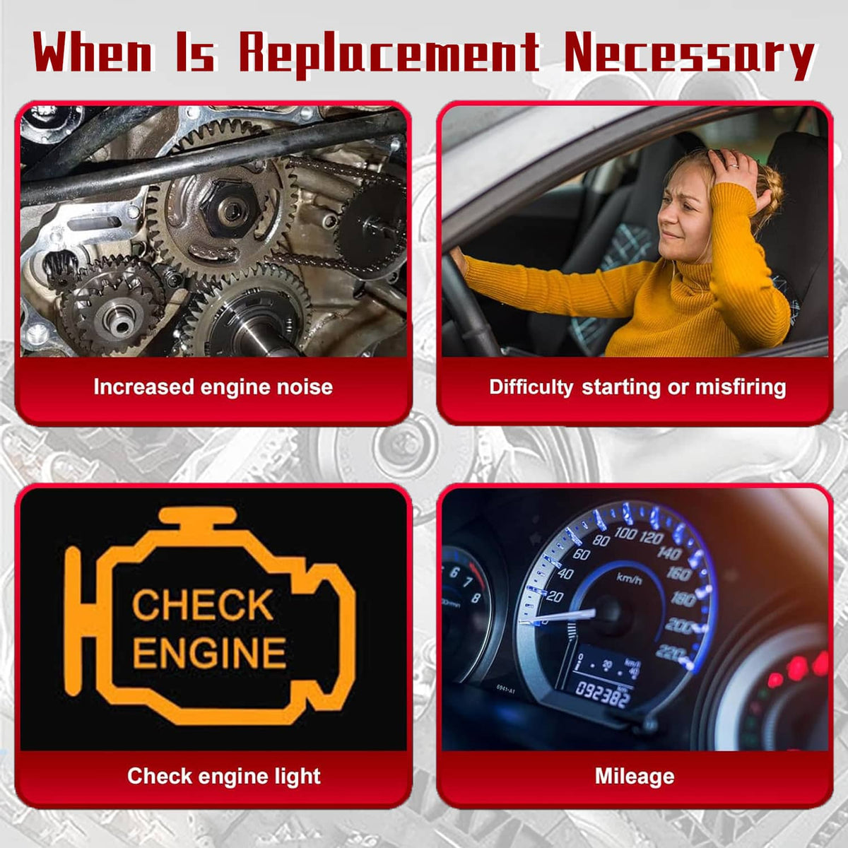 Timing chain kit replacement warning icons with check engine light and dashboard gauges