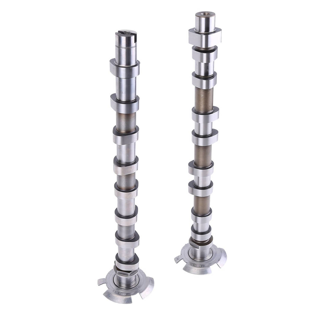 Two camshafts standing with silver metal lobes and round flange mounting ends