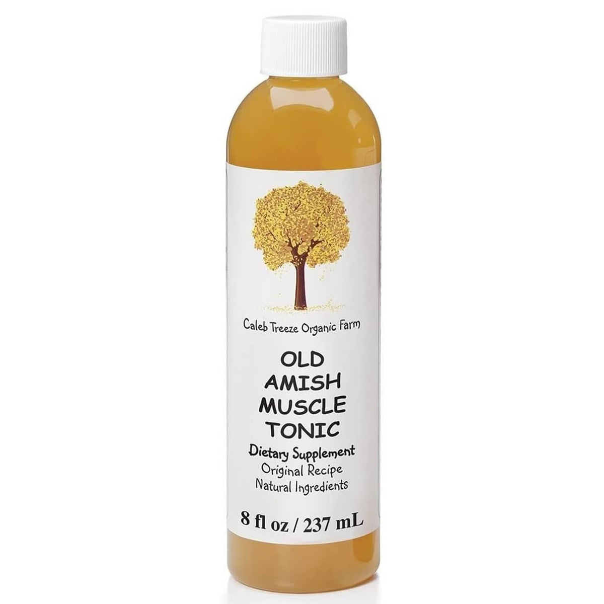 Old Amish Muscle Tonic supplement bottle with white cap and amber label