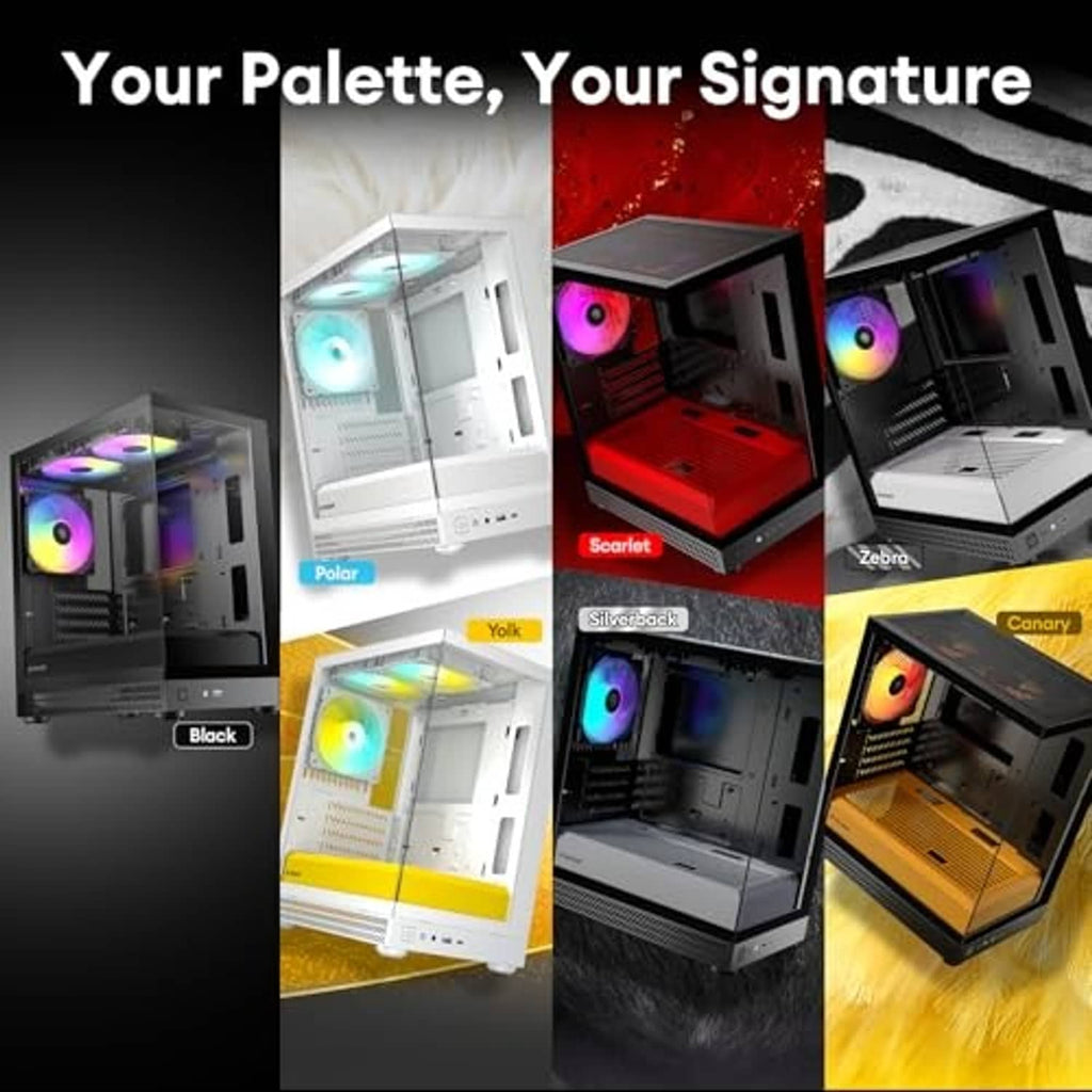 Micro ATX PC case color options collage with tempered glass window and RGB fans