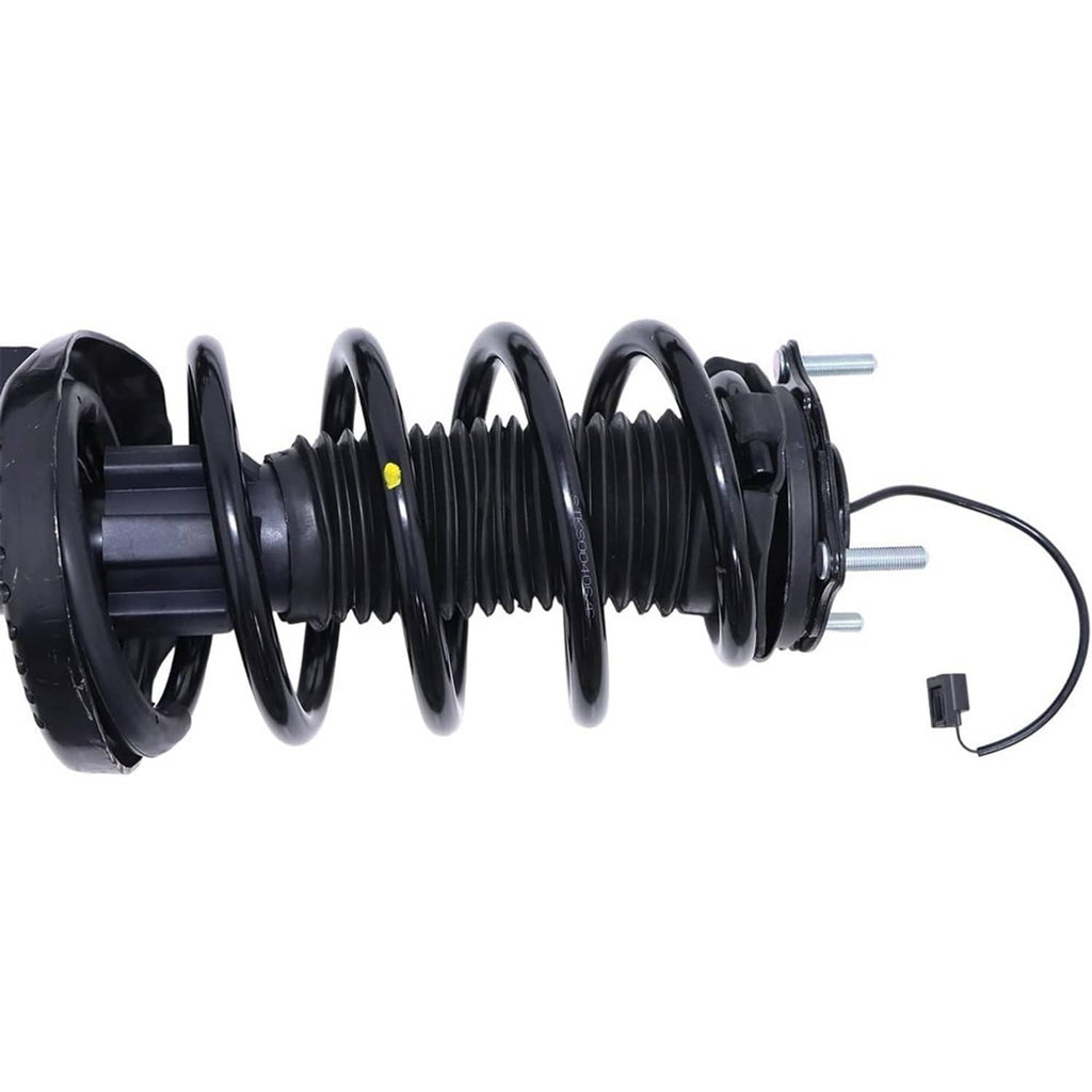 Front shock absorber strut with black coil spring and top mount hardware