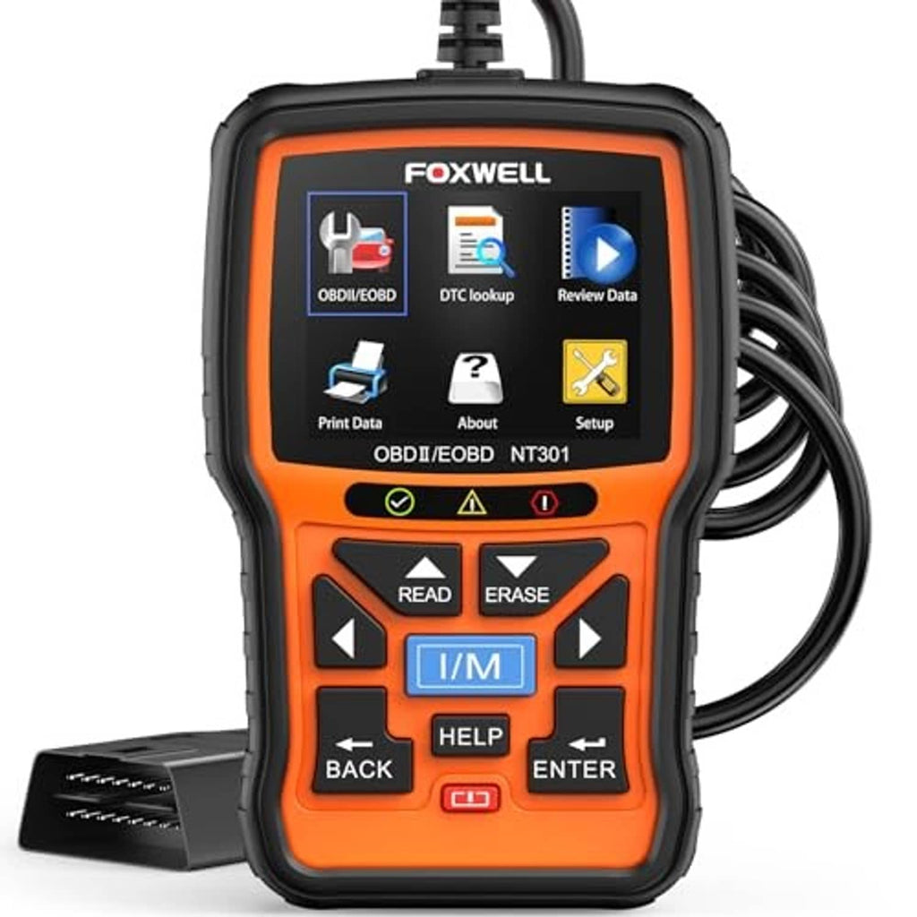 Handheld OBD2 scanner in orange with coiled cable, front buttons and screen shown