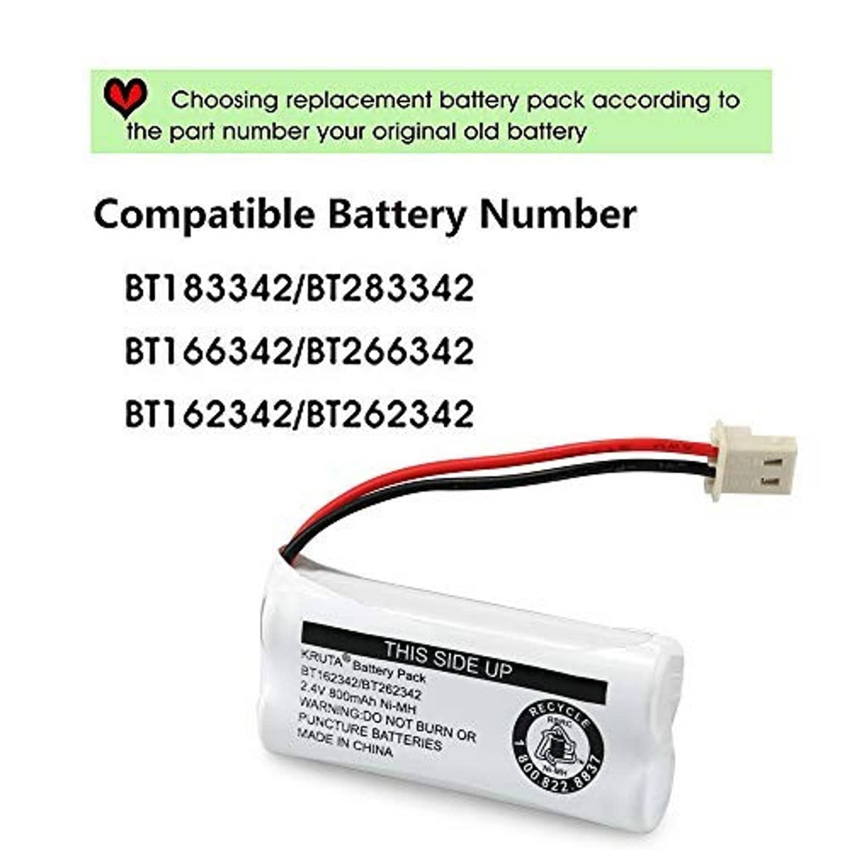 Cordless phone battery pack with compatible-part list and white 2-pin connector