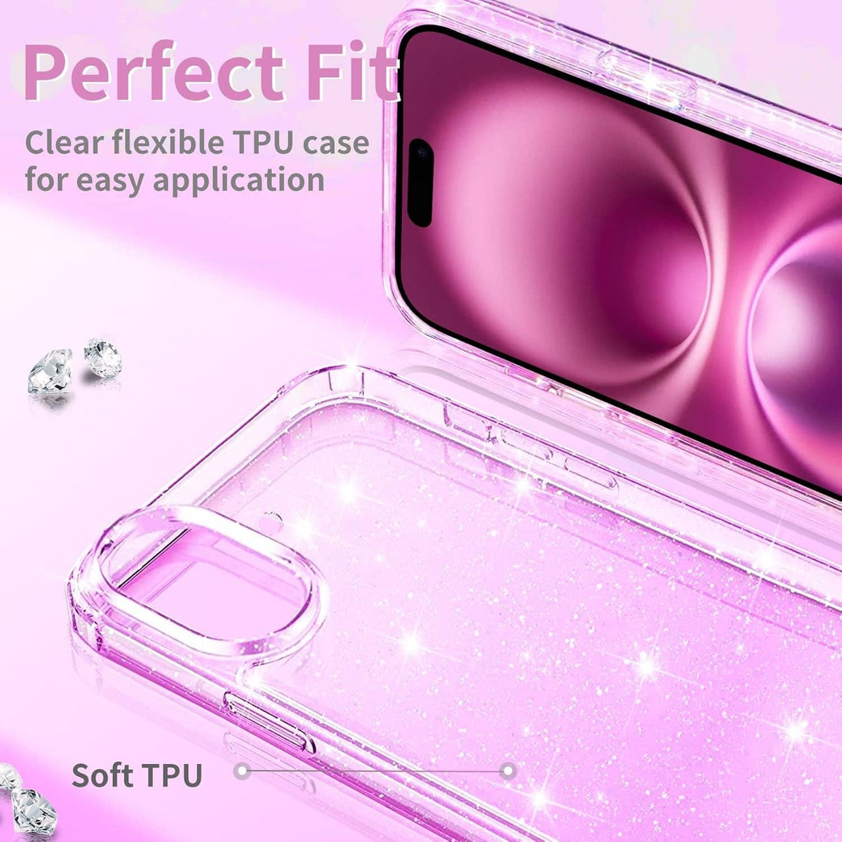 Transparent flexible TPU phone case with pink glitter specks; close-up corner view