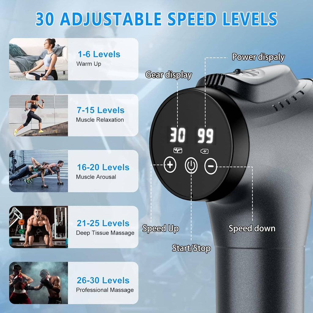 Handheld electric massage gun with circular digital speed display and power controls